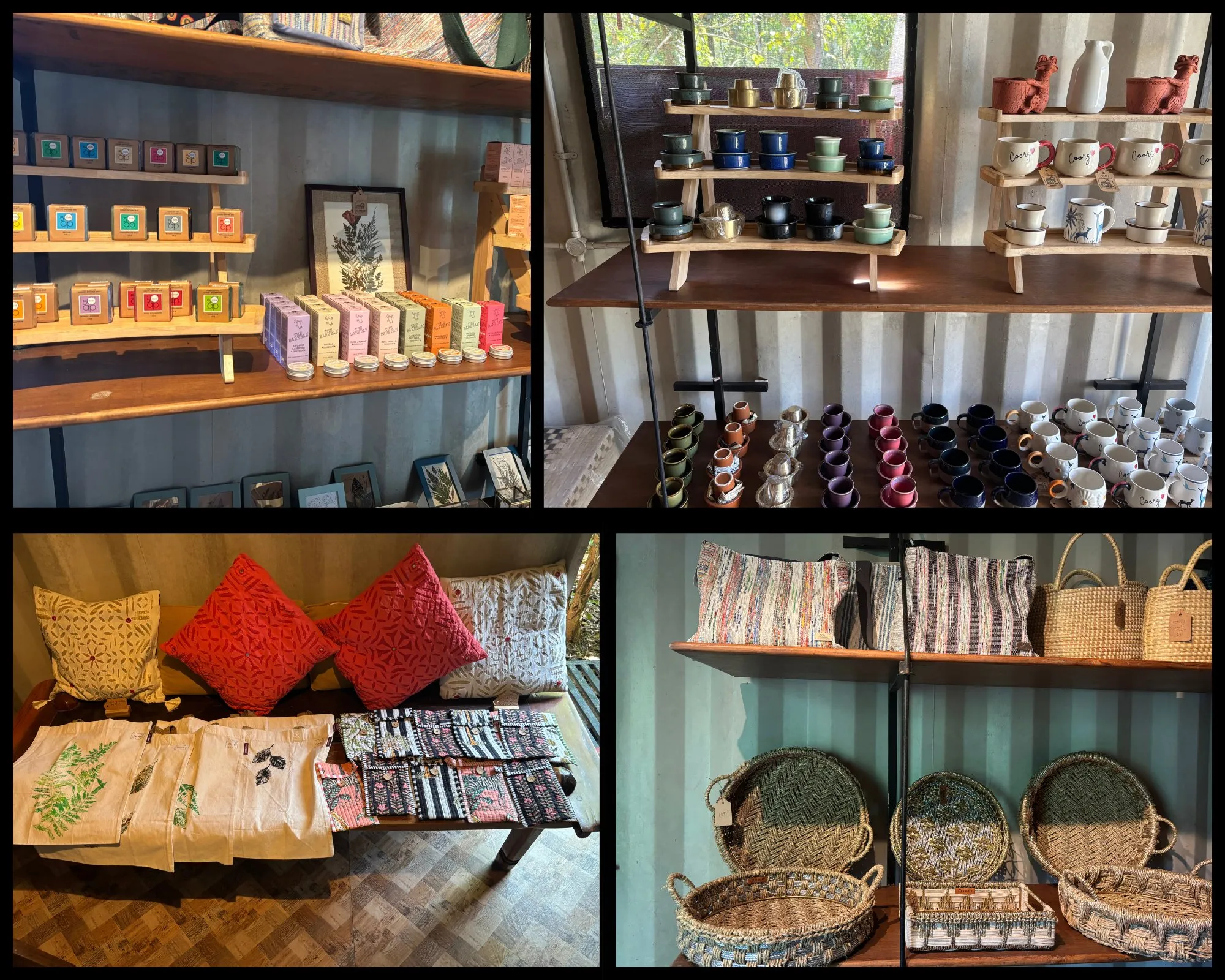 Handmade products on display inside the shipping containers