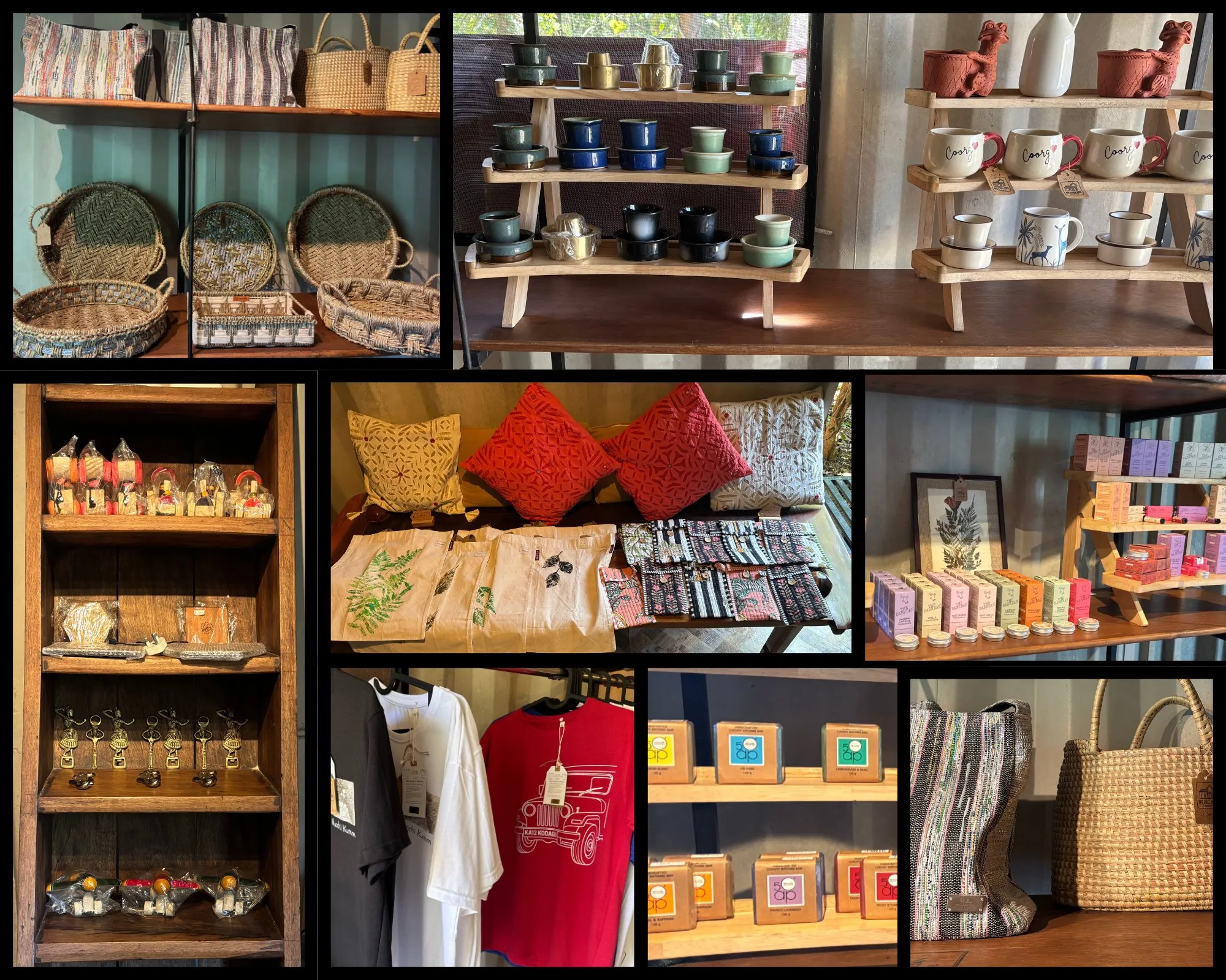 Shelves at The Steel Box: cane baskets, cushions, mugs, prints and gifts